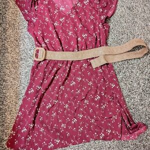 Charming Floral Kids Dress with Belt - Burgundy